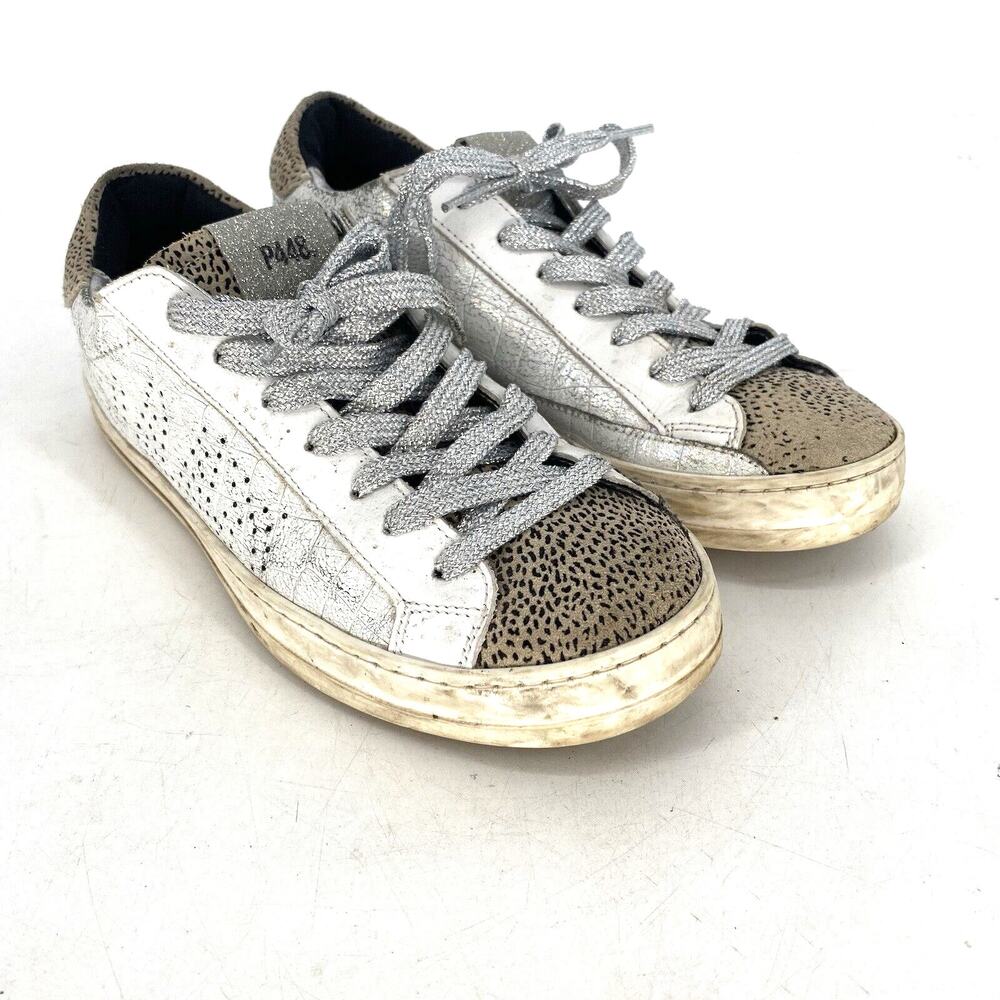 P448 John Sneakers EU 37 Silver Leopard Distressed Leather Shoes
